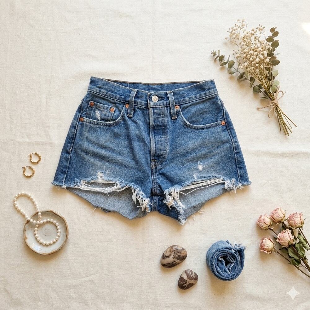 Levi's 501 Original Distressed High Rise Denim Shorts Cutoff Medium Wash SZ 25